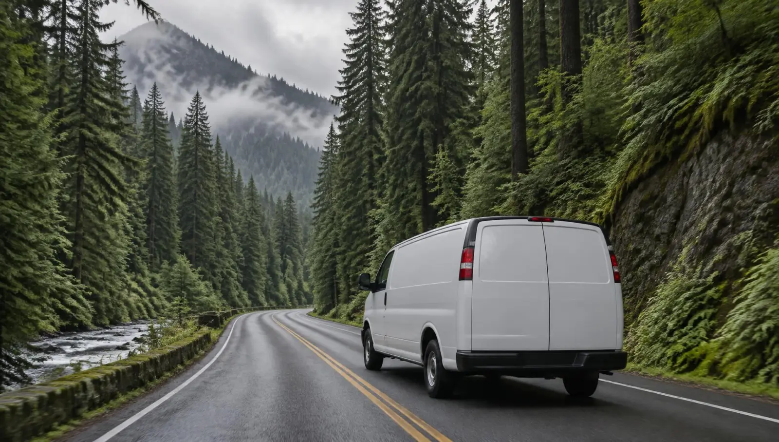 White cargo van on a tree-lined Oregon road