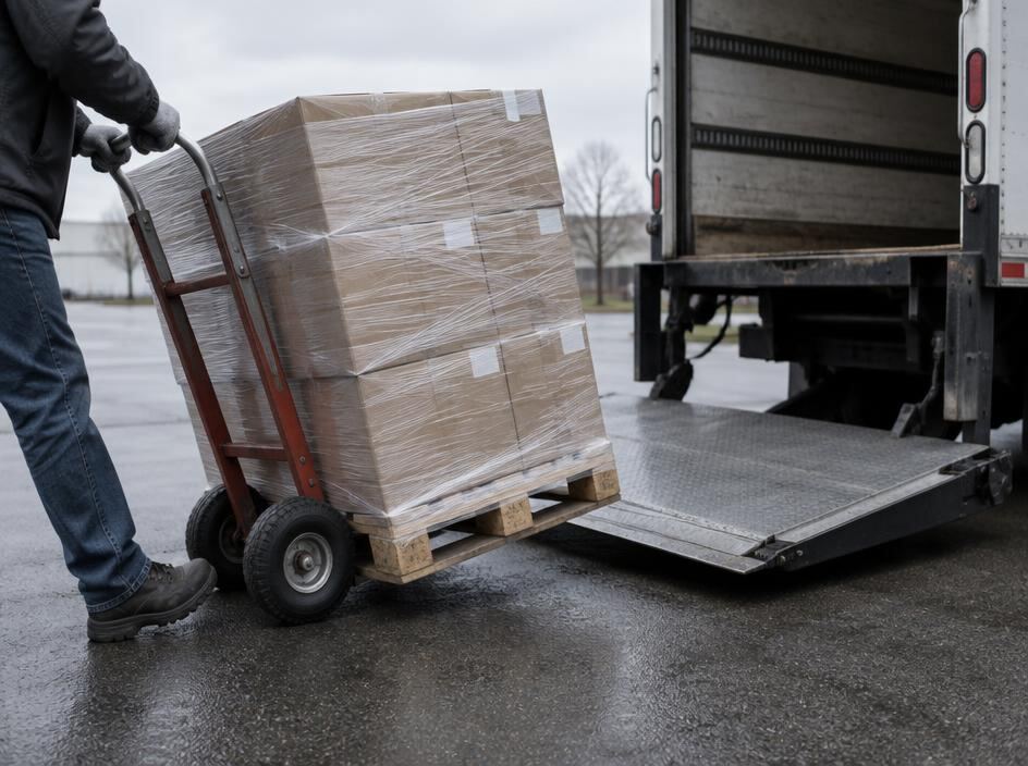 Pallet of boxes on a hand truck beside a box truck lift gate
