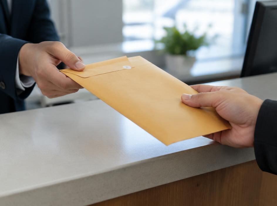Hands passing a sealed envelope across a counter
