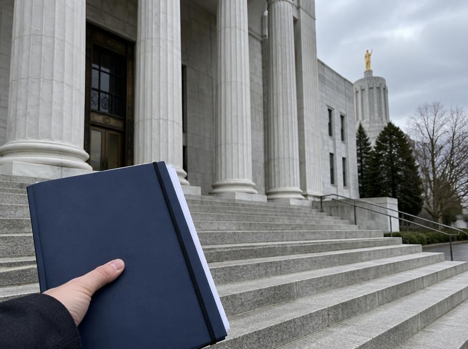 Hand holding a document folder on government building steps