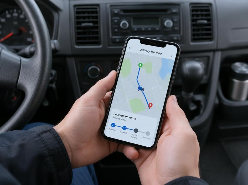 Hands holding a phone showing delivery tracking